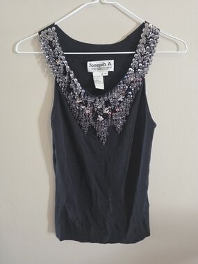 Joseph A Black Embellished Beaded Sequin Sleeveless Knit Tank Top Size Medium